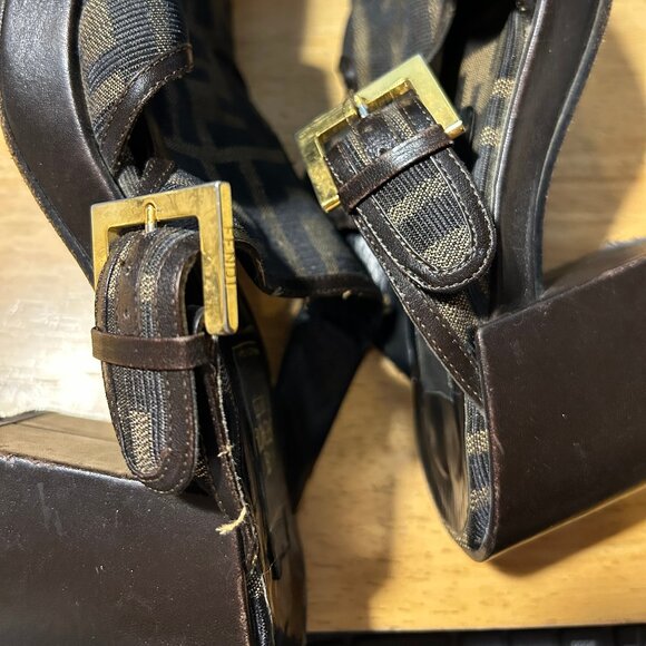 Authentic Fendi F Zucca Logo Graphic Brown Open Toe Chunky Block Heel Sandal 7 - Picture 15 of 16